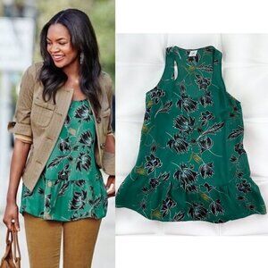 Cabi Sz M Green Floral Peplum Ruffle Hem Racerback Tank Top Tunic Blouse Women